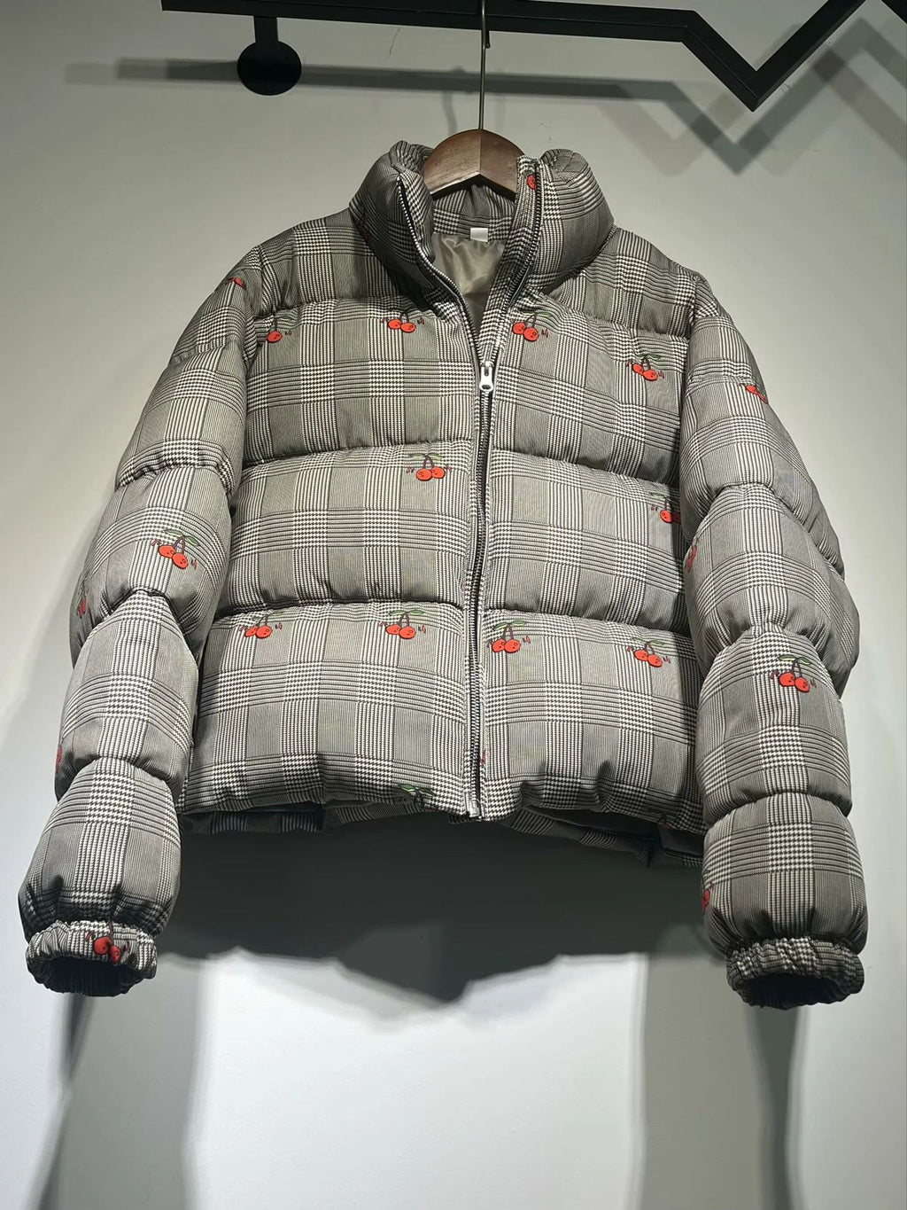 Check Print Cherry Embroidered Puffer - view 1