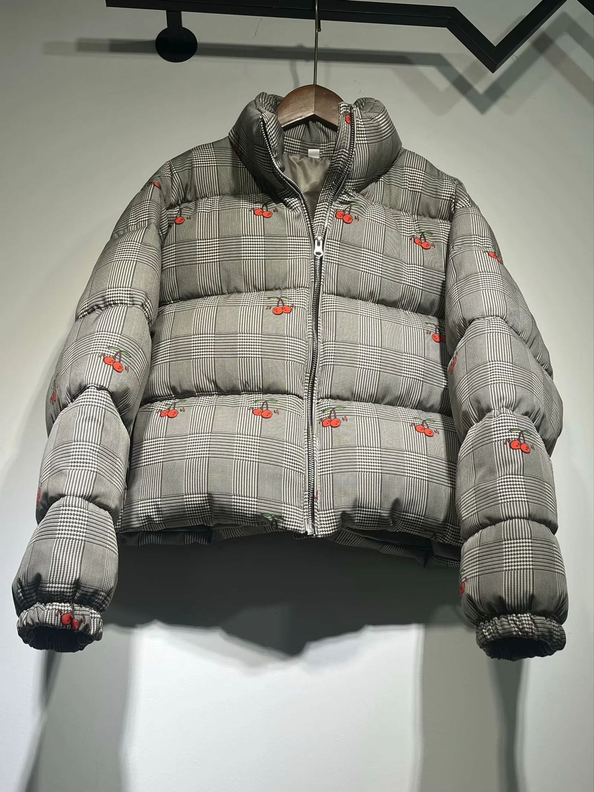 Check Print Cherry Embroidered Puffer - view 1