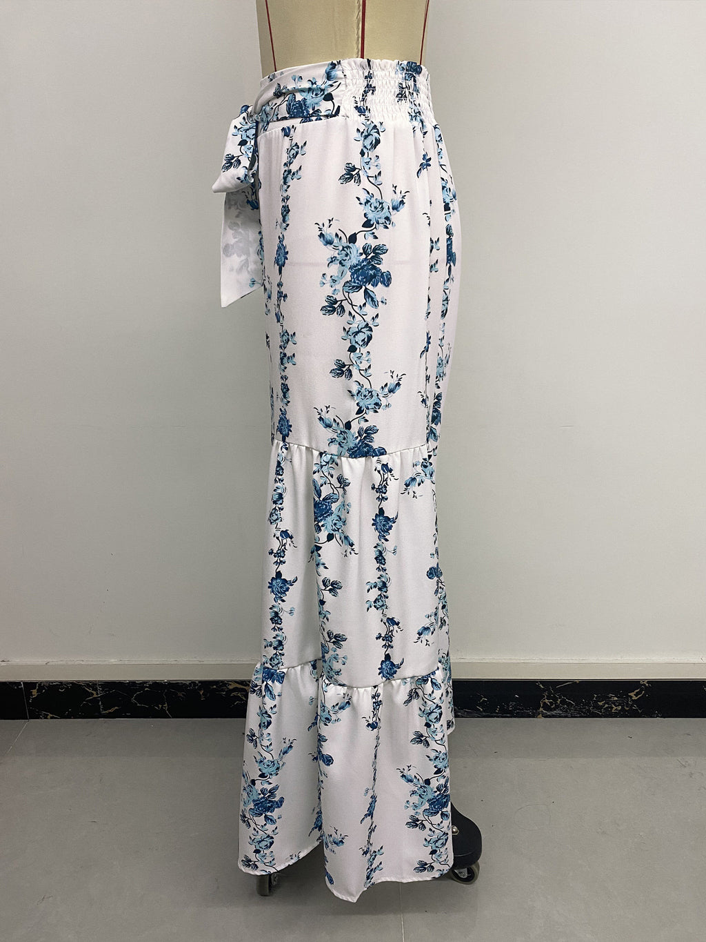 Blue Floral Wide Leg Palazzo Pants - White - 8