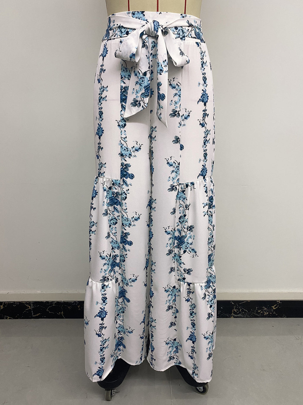 Blue Floral Wide Leg Palazzo Pants - White - 9