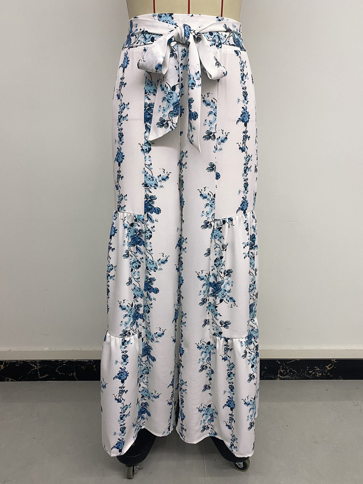 Blue Floral Wide Leg Palazzo Pants - White - 9