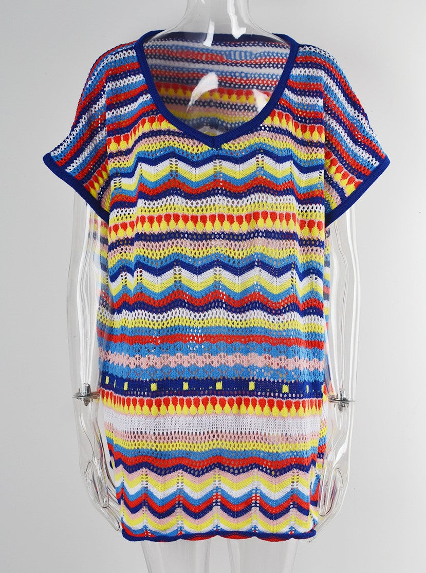 Zigzag Stripe Open Knit Beach Cover Up Tunic - Blue - 4