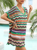 Zigzag Stripe Open Knit Beach Cover Up Tunic - Green