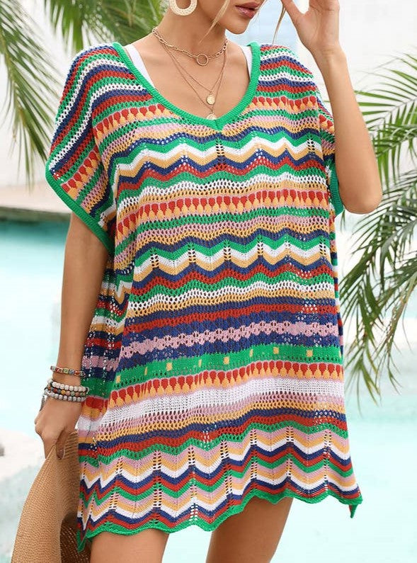 Zigzag Stripe Open Knit Beach Cover Up Tunic - Green - 1