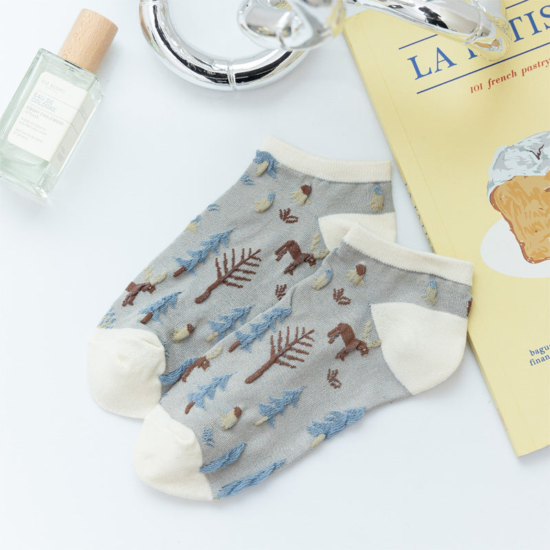 Sheer Mesh Novelty Print Ankle Socks - White