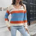 Colorblock Stripe V Neck Knit Top - Blue