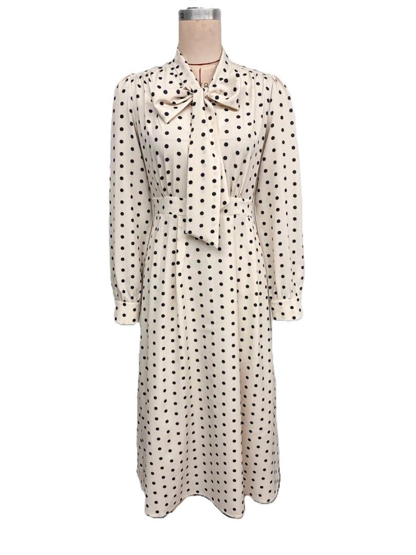 Polka Dot Pussy Bow Belted Midi Dress - Beige