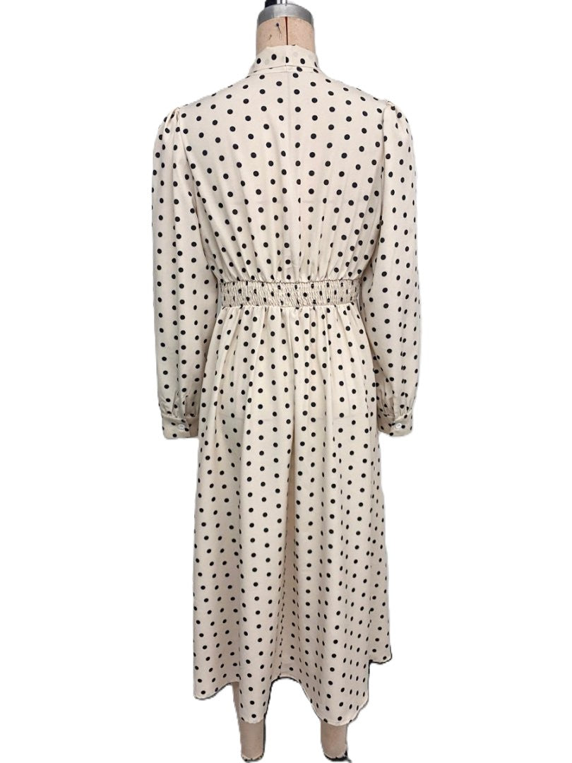 Polka Dot Pussy Bow Belted Midi Dress - Beige - 1