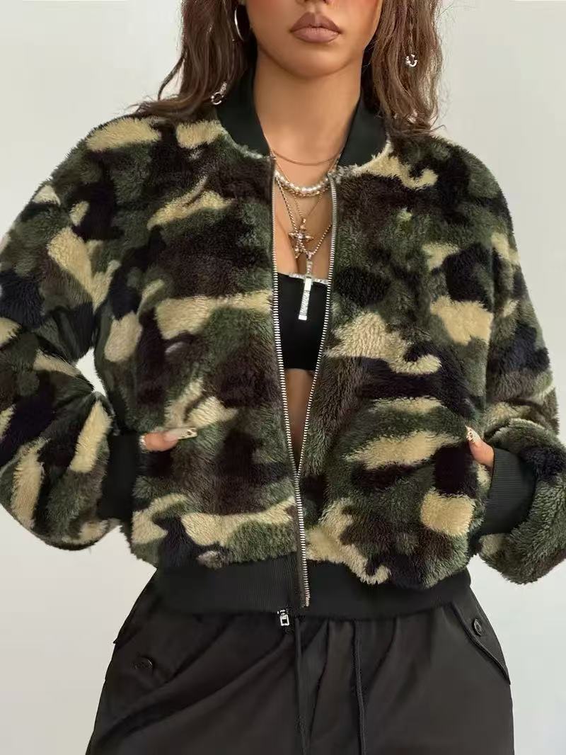 Fuzzy Camo Bomber Jacket with Rib Trim - ArmyGreen