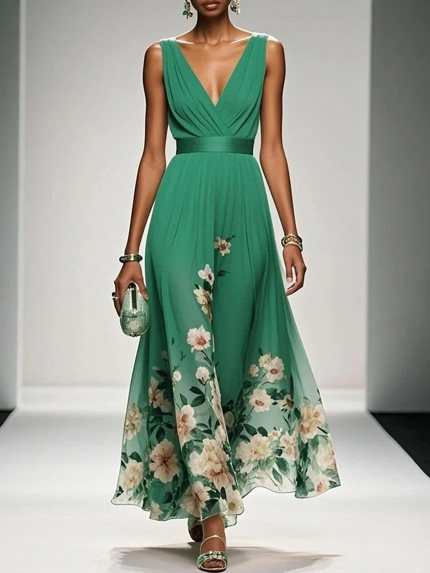 Ombre Floral Print Surplice V Neck Maxi Dress - Emerald Green