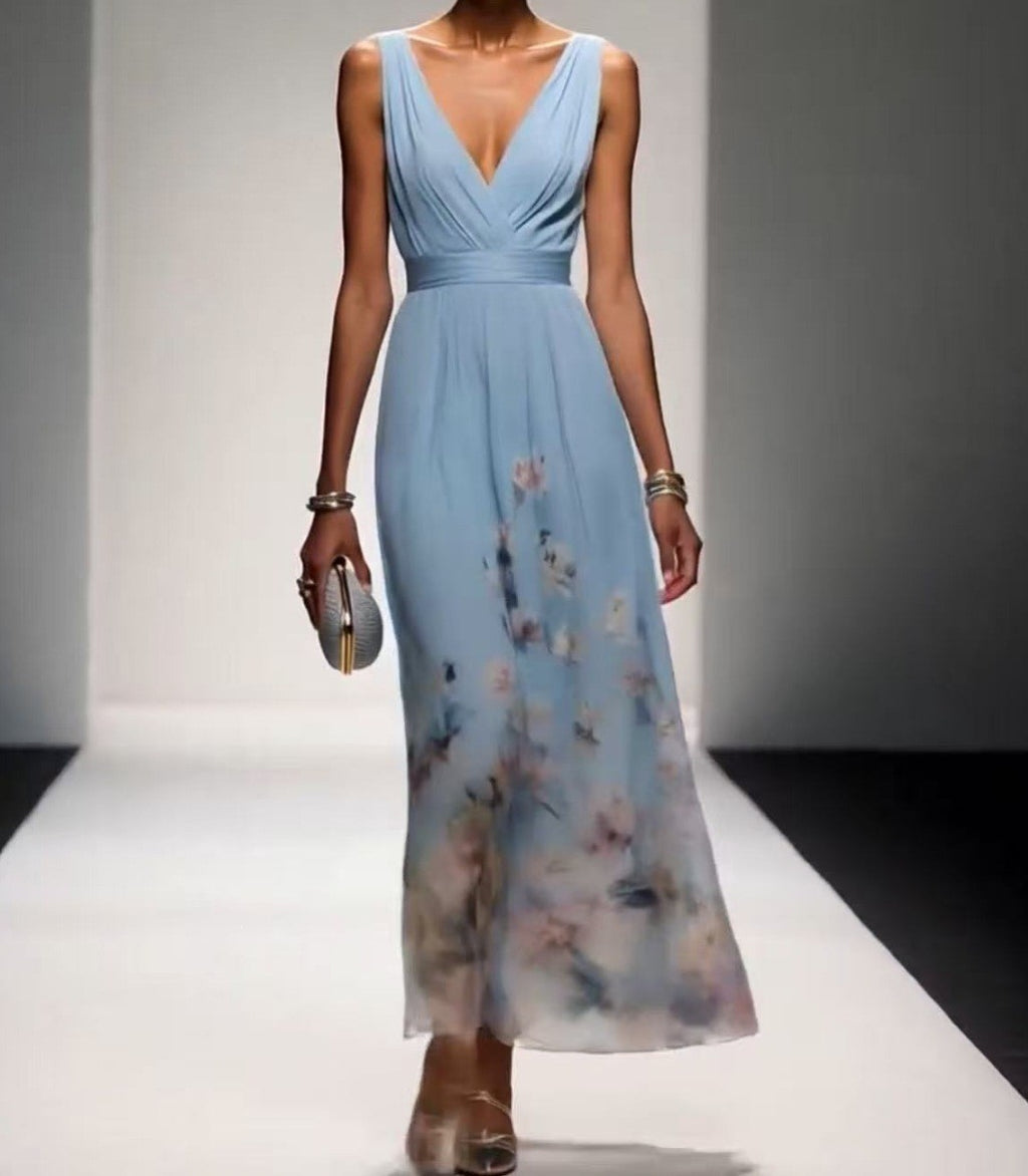 Ombre Floral Print Surplice V Neck Maxi Dress - Sky Blue