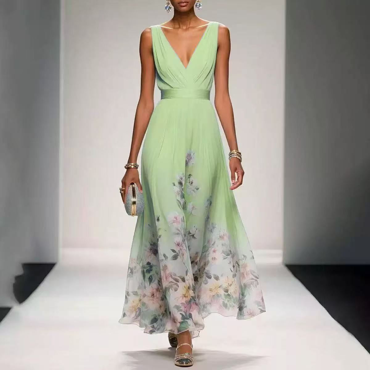 Ombre Floral Print Surplice V Neck Maxi Dress