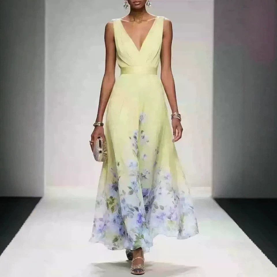 Ombre Floral Print Surplice V Neck Maxi Dress