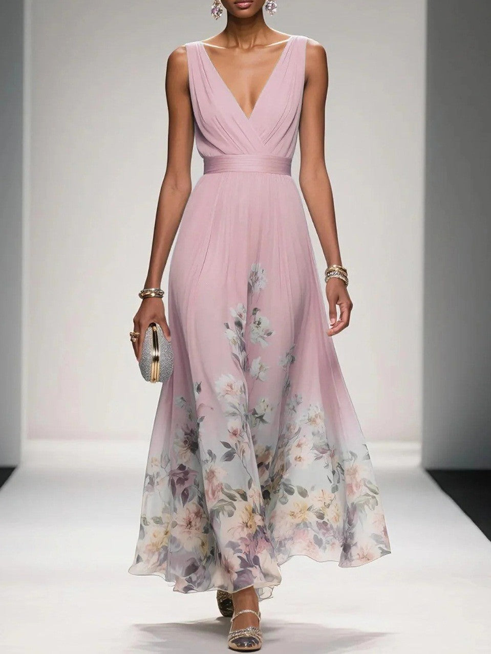Ombre Floral Print Surplice V Neck Maxi Dress