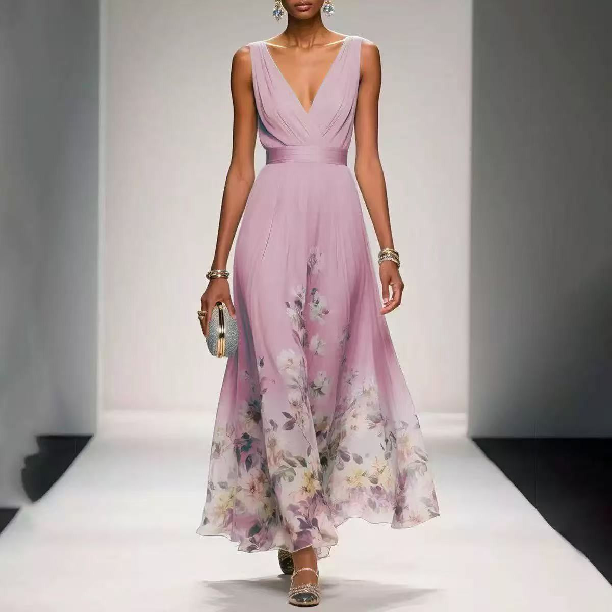 Ombre Floral Print Surplice V Neck Maxi Dress