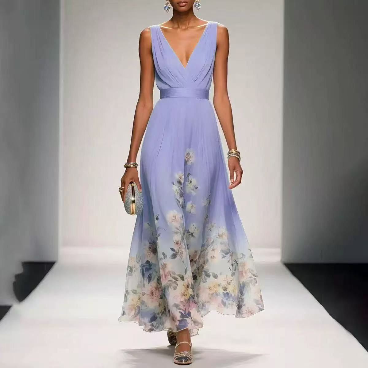 Ombre Floral Print Surplice V Neck Maxi Dress