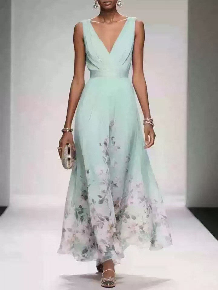 Ombre Floral Print Surplice V Neck Maxi Dress