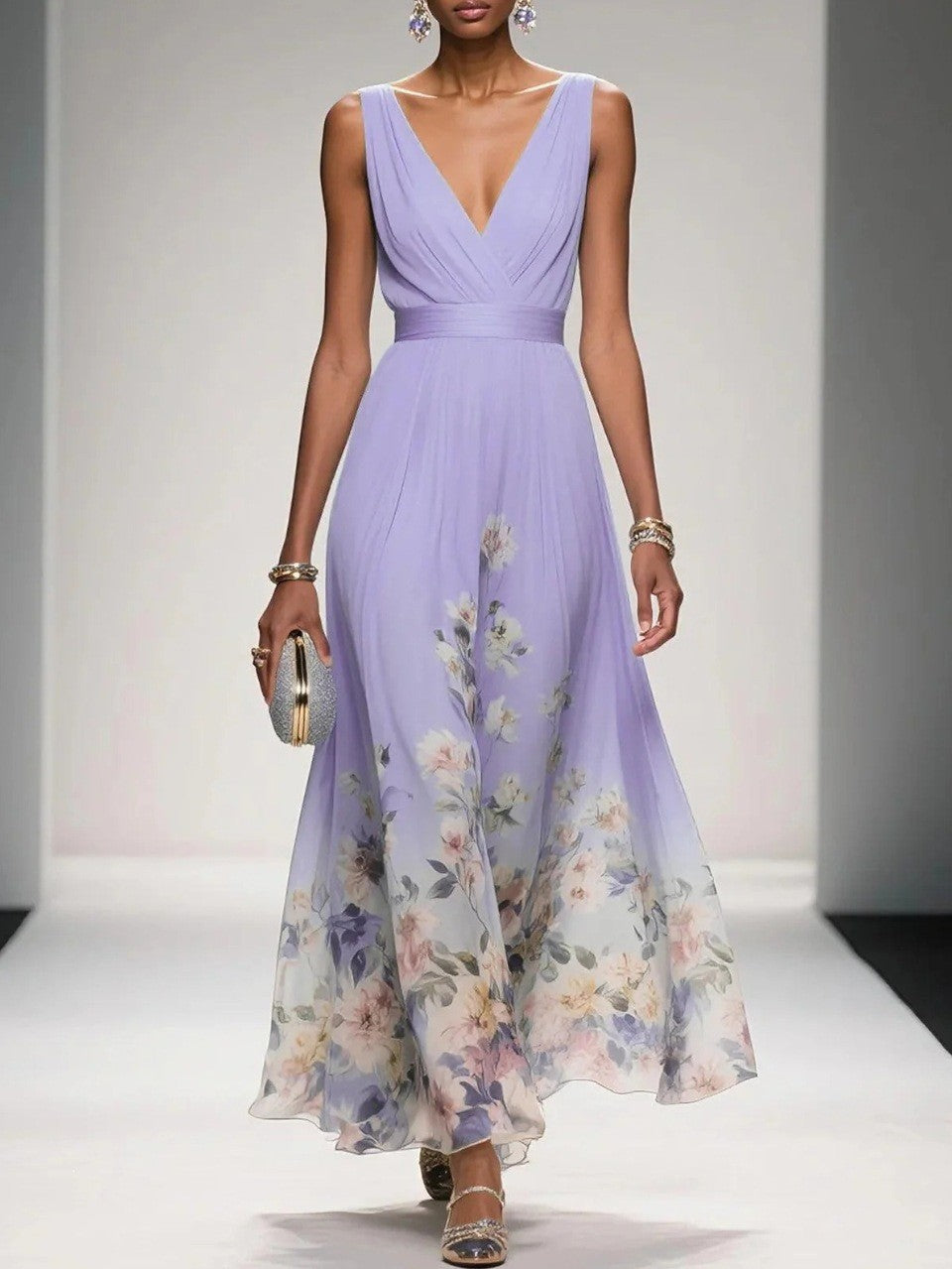 Ombre Floral Print Surplice V Neck Maxi Dress