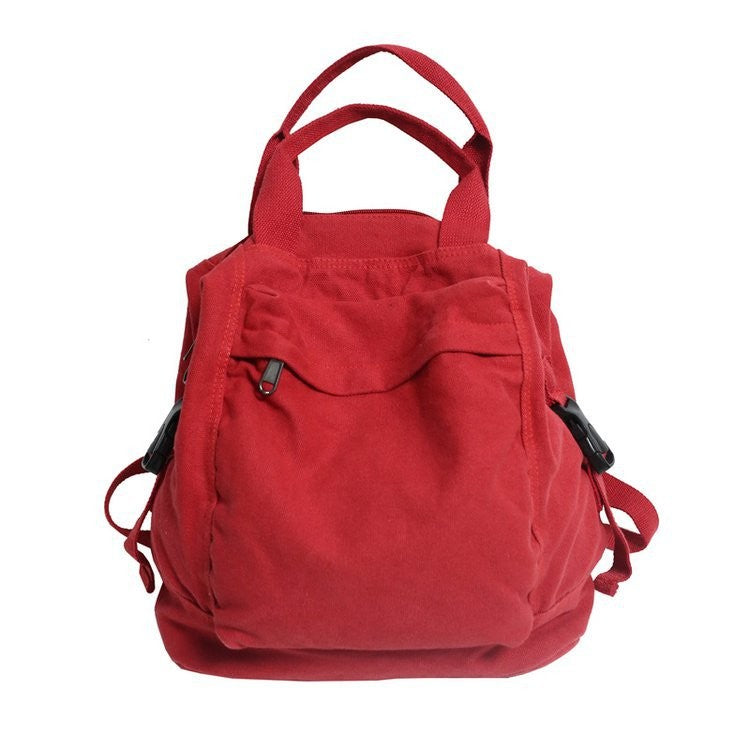 Washed Canvas Backpack with Top Handles - Red