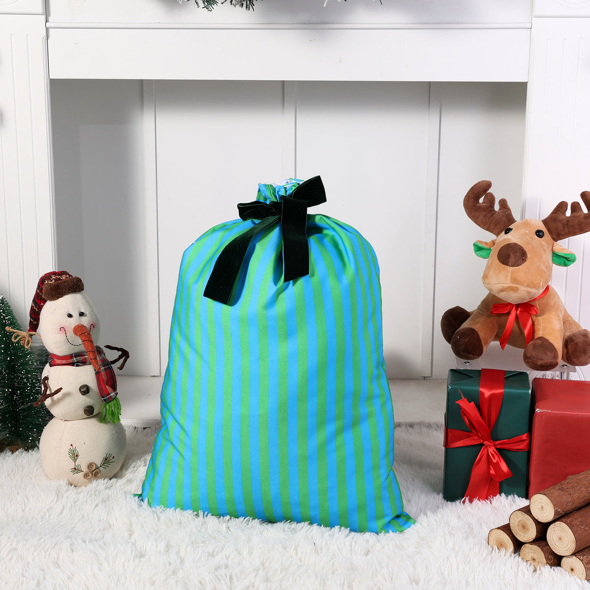 Two-Tone Striped Canvas Drawstring Gift Bag - Blue - 1