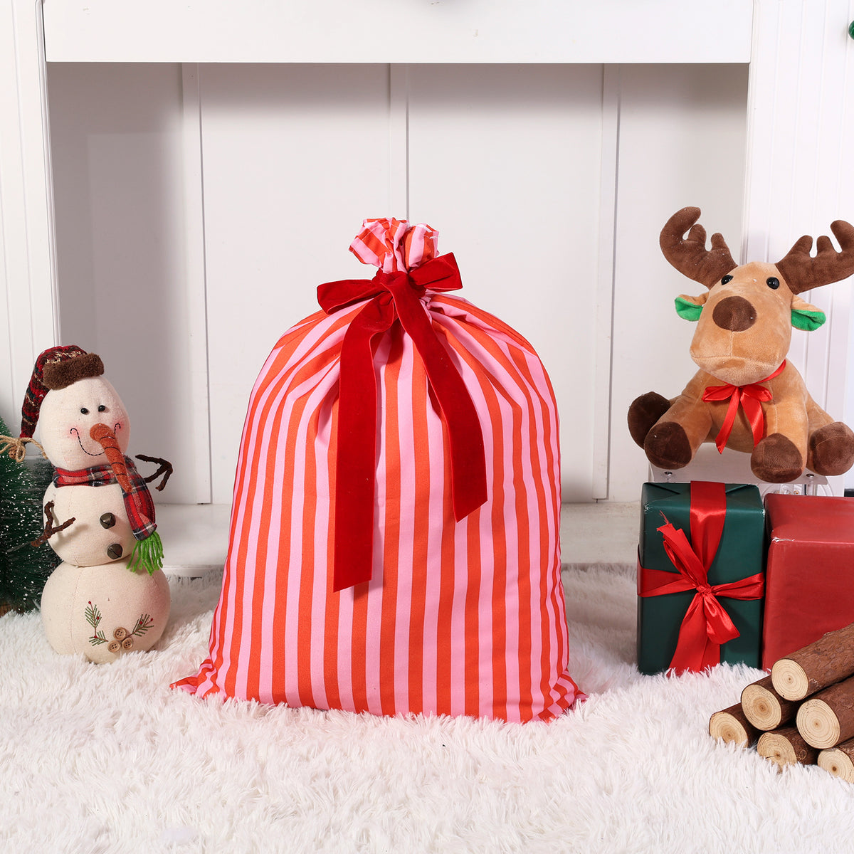 Two-Tone Striped Canvas Drawstring Gift Bag - Red