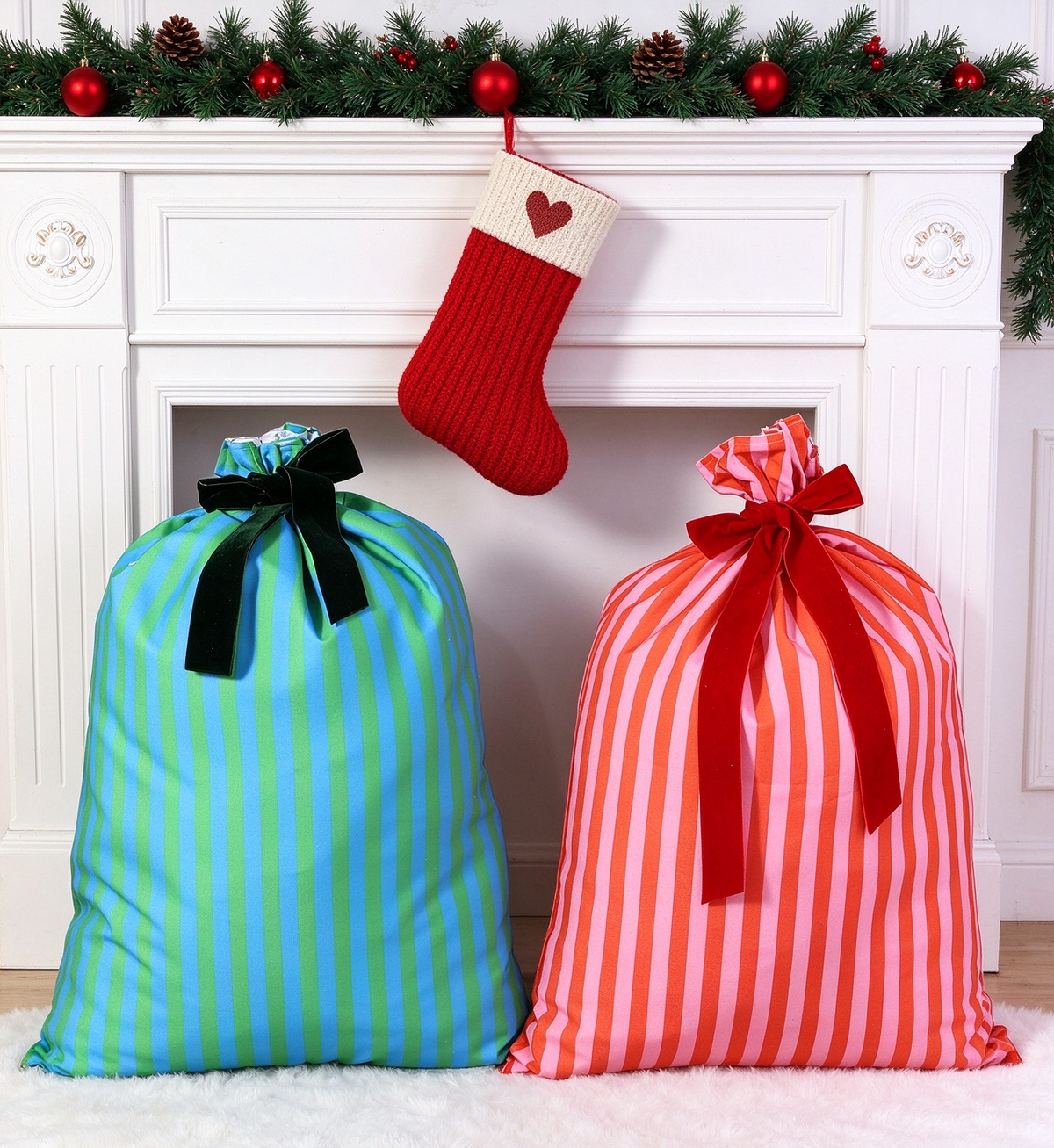 Two-Tone Striped Canvas Drawstring Gift Bag - Red - 3