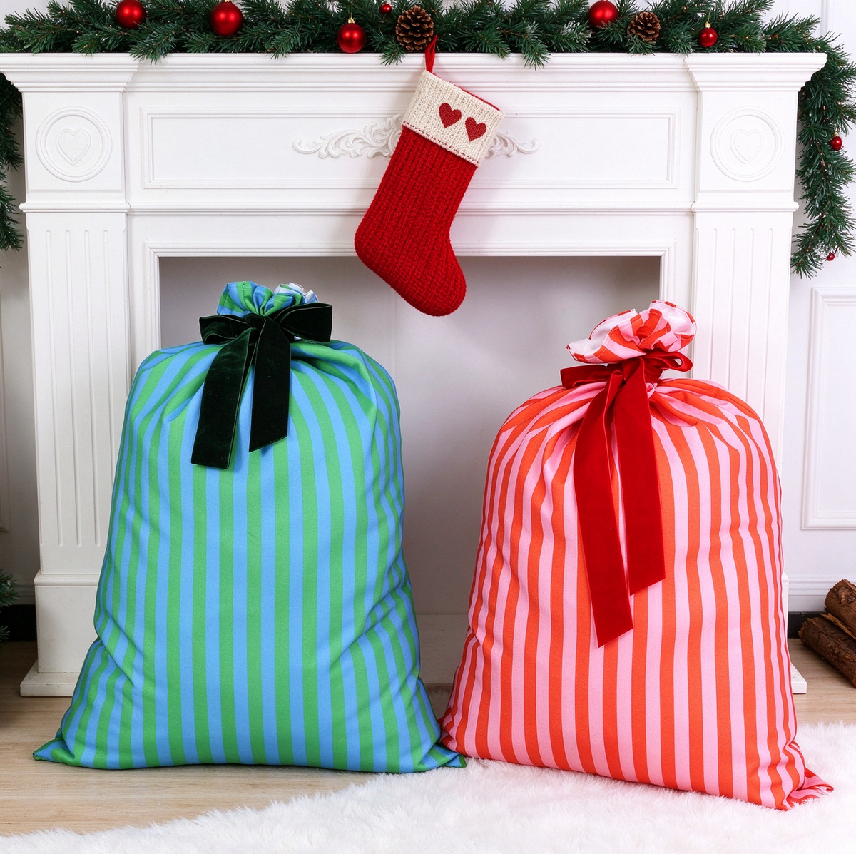 Two-Tone Striped Canvas Drawstring Gift Bag - Red - 4