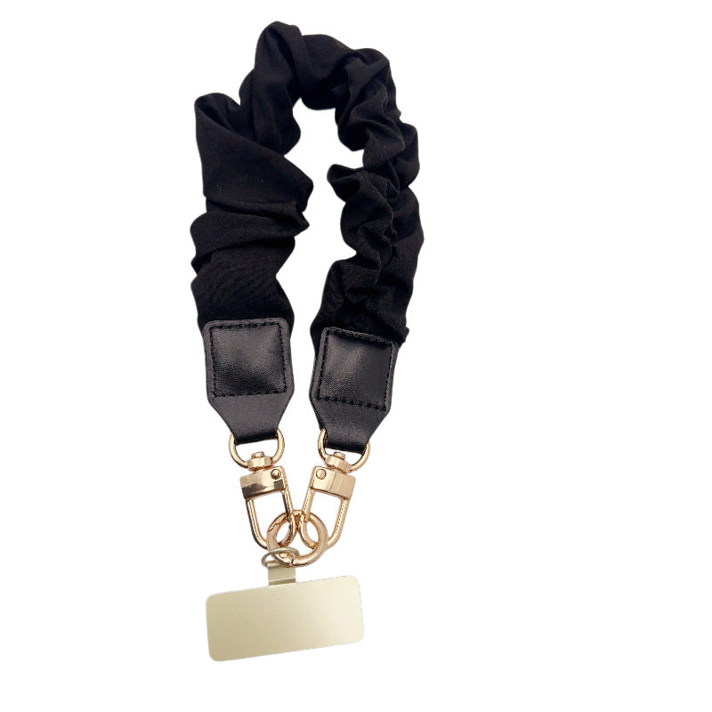 Ruched Scrunchie Wrist Lanyard With Phone Tether - Black