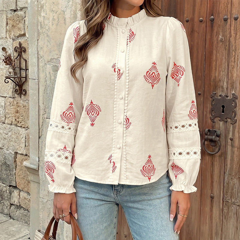 Boho Medallion Print Lace Inset Shirt - Apricot