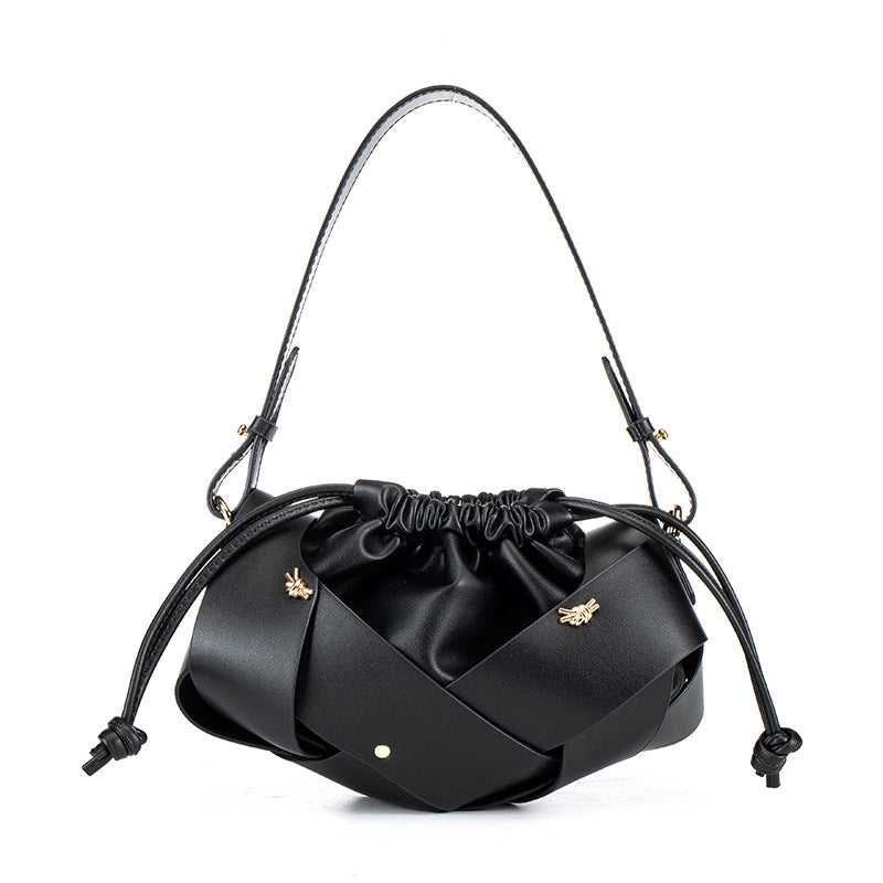 Braided Panel Drawstring Cloud Shoulder Bag - Black