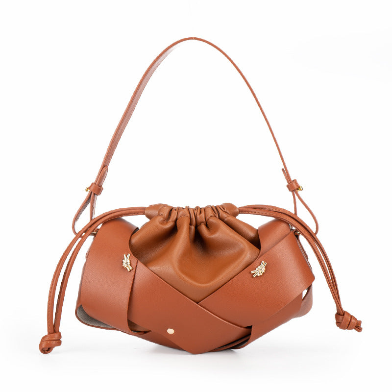 Braided Panel Drawstring Cloud Shoulder Bag - Caramel
