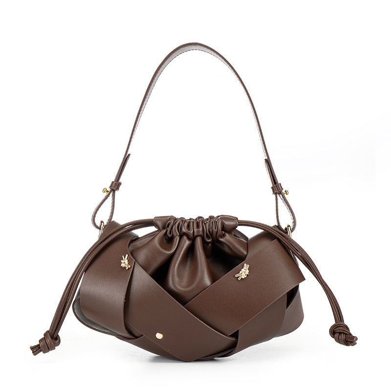 Braided Panel Drawstring Cloud Shoulder Bag - Curry
