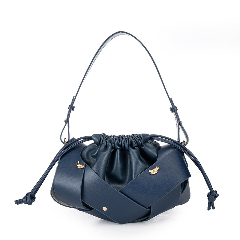 Braided Panel Drawstring Cloud Shoulder Bag - Dark-Blue