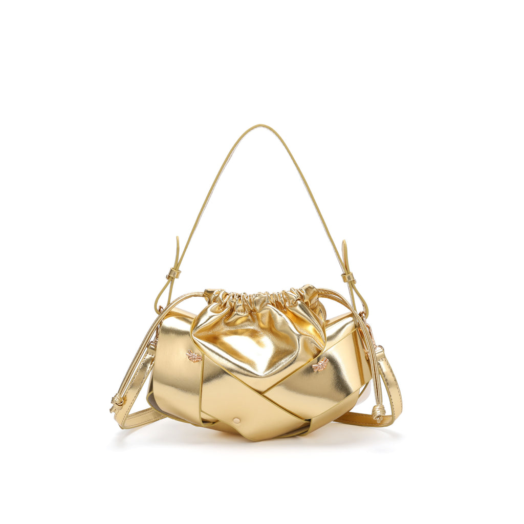 Braided Panel Drawstring Cloud Shoulder Bag - Gold