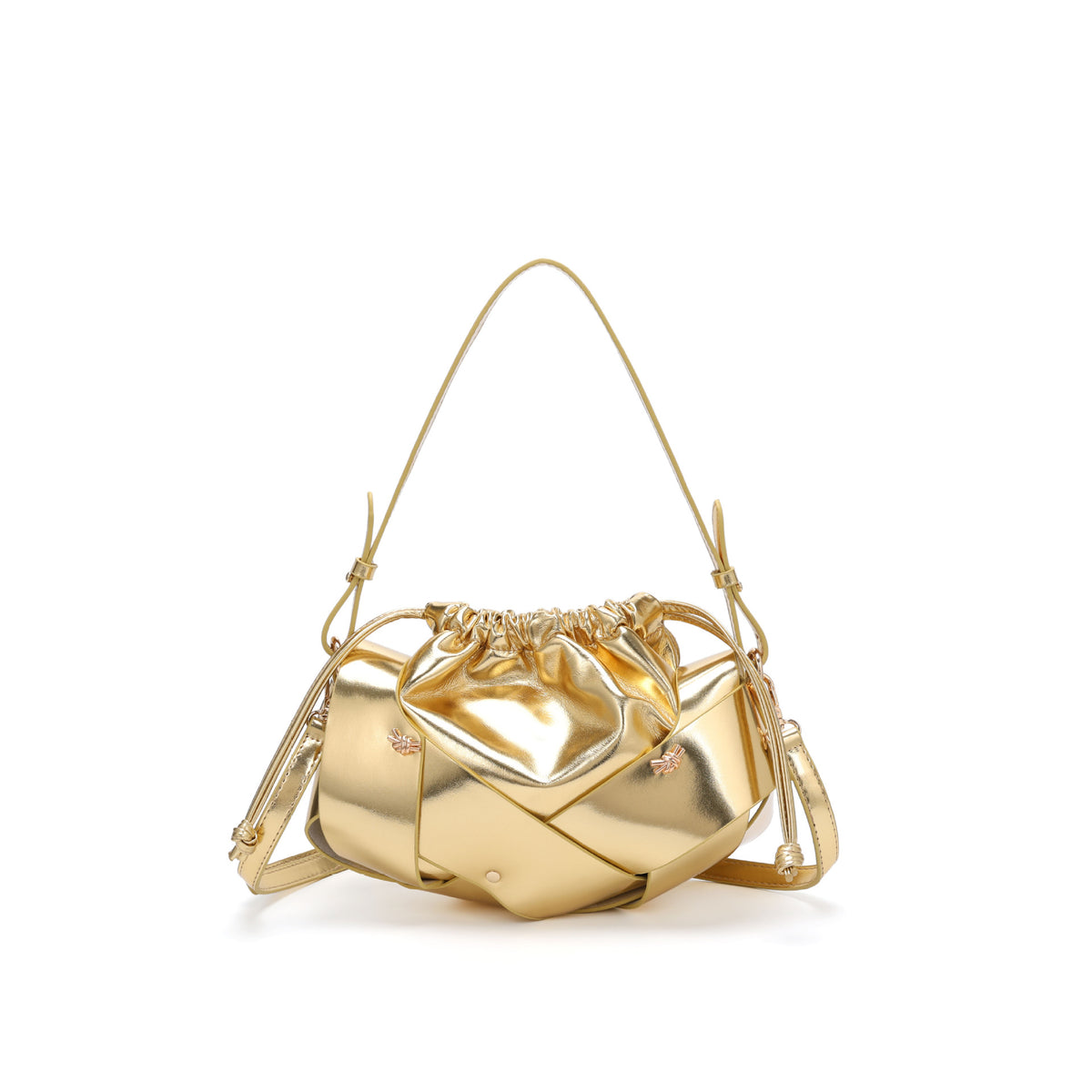 Braided Panel Drawstring Cloud Shoulder Bag - Gold