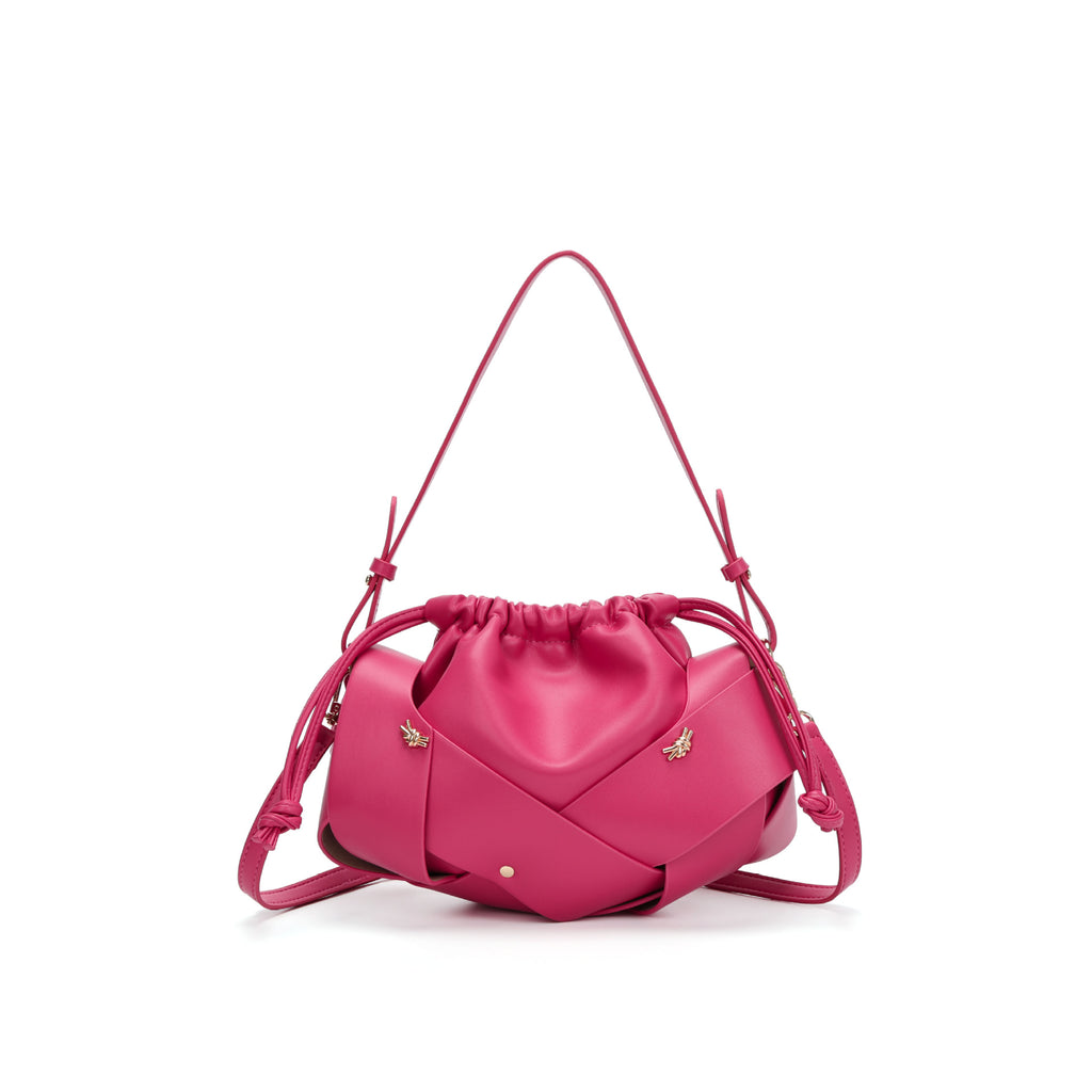 Braided Panel Drawstring Cloud Shoulder Bag - Rose-Red