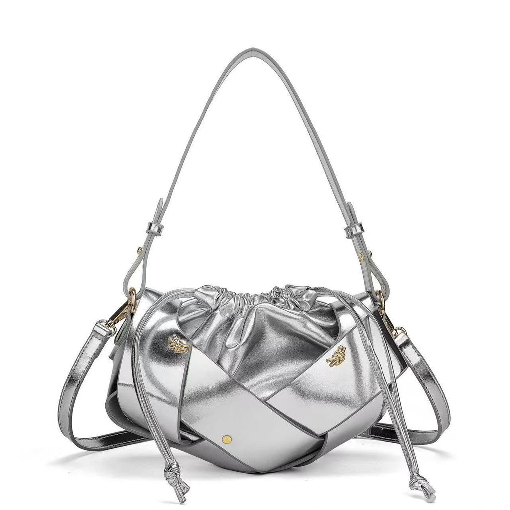 Braided Panel Drawstring Cloud Shoulder Bag - Silver