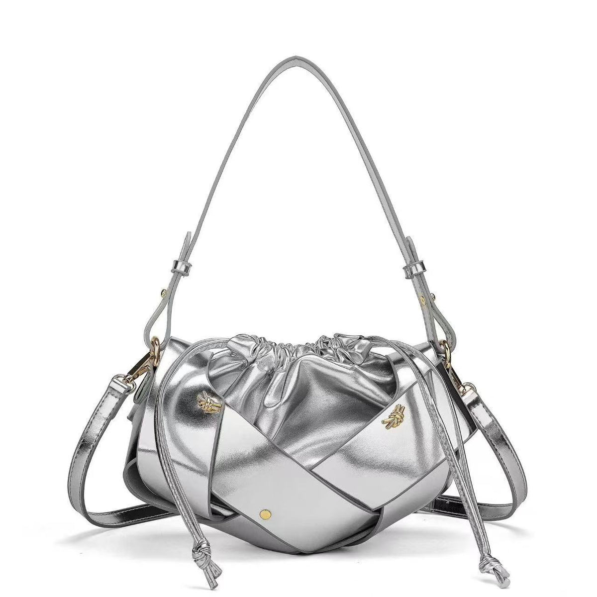 Braided Panel Drawstring Cloud Shoulder Bag - Silver