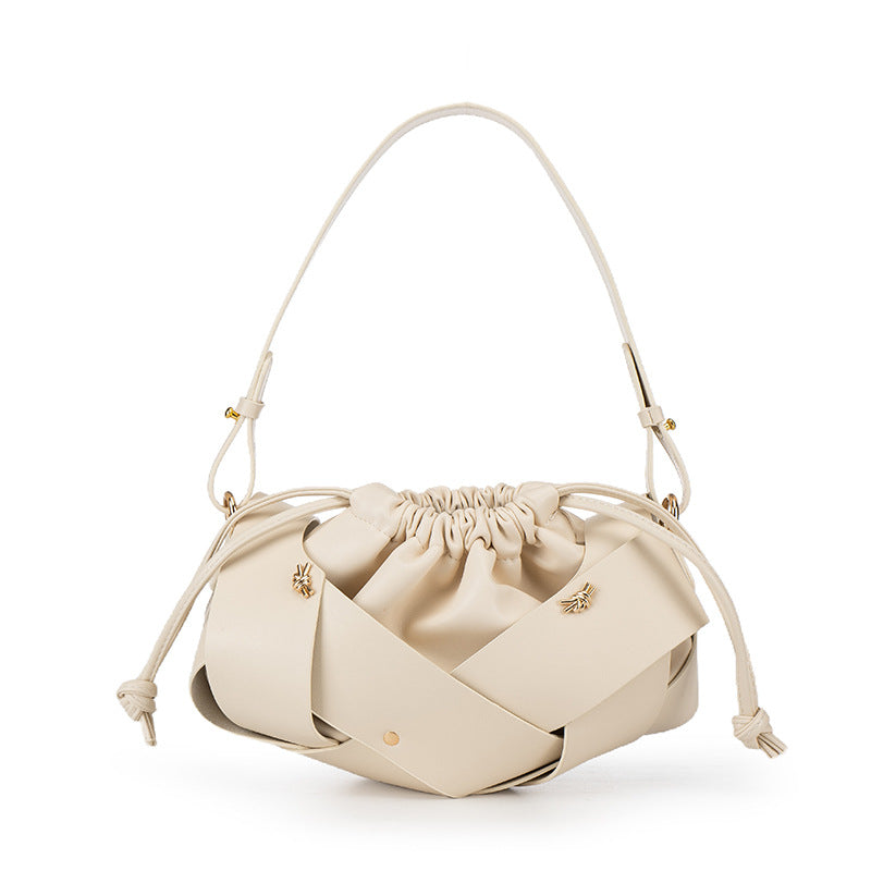 Braided Panel Drawstring Cloud Shoulder Bag - White