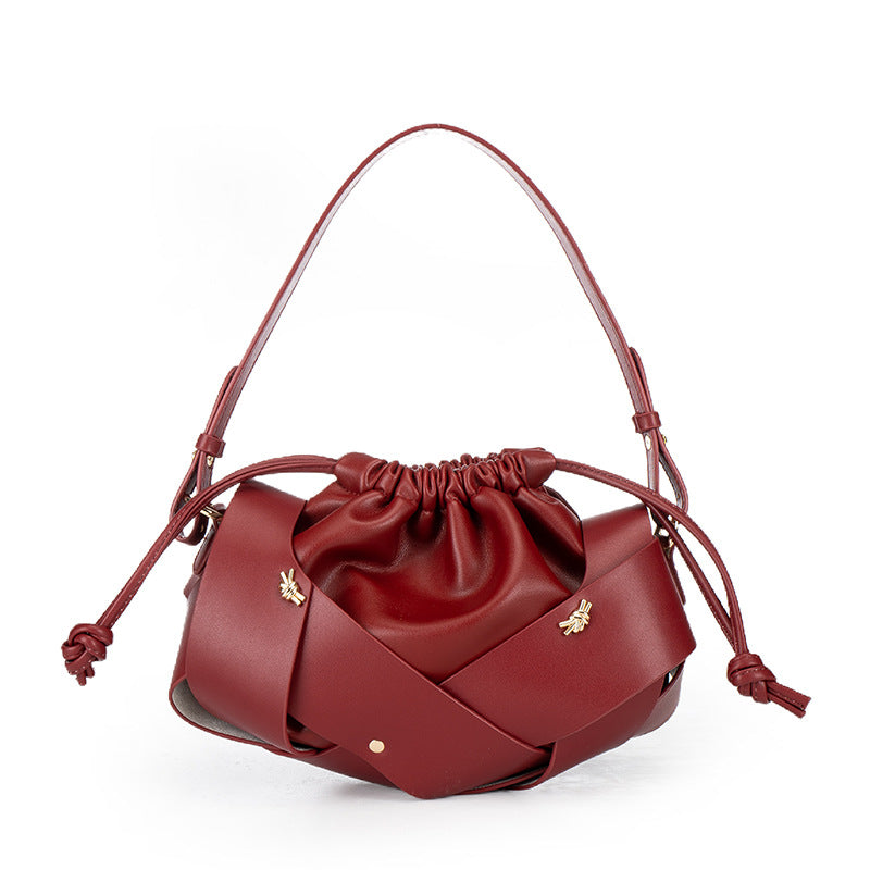 Braided Panel Drawstring Cloud Shoulder Bag - Wine-Red