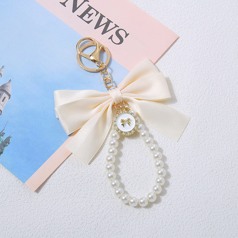 Satin Bow Pearl Loop Bag Charm - Apricot
