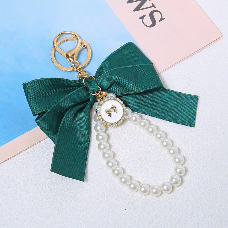 Satin Bow Pearl Loop Bag Charm - Dark_Green