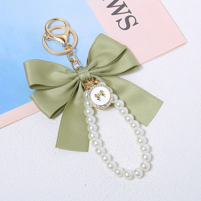 Satin Bow Pearl Loop Bag Charm - Green