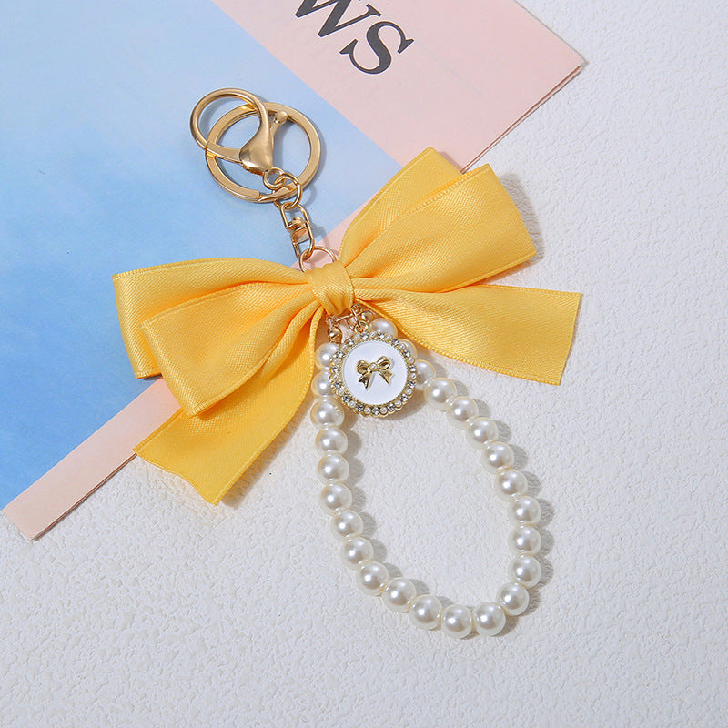Satin Bow Pearl Loop Bag Charm - Yellow