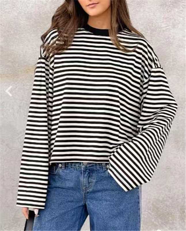Boxy Striped Long Sleeve Drop Shoulder Tee - Black