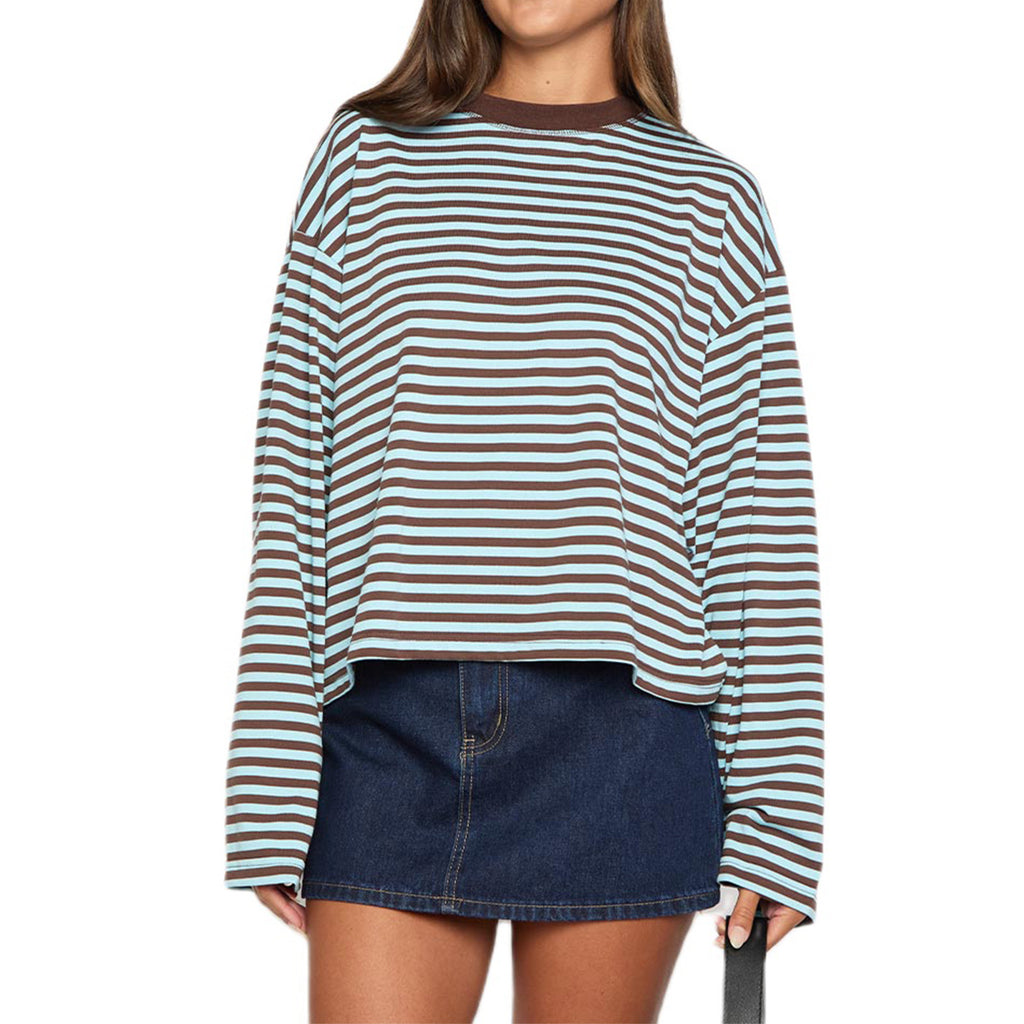 Boxy Striped Long Sleeve Drop Shoulder Tee - Coffee