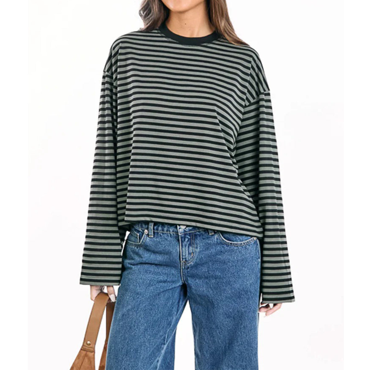 Boxy Striped Long Sleeve Drop Shoulder Tee - DarkGreen