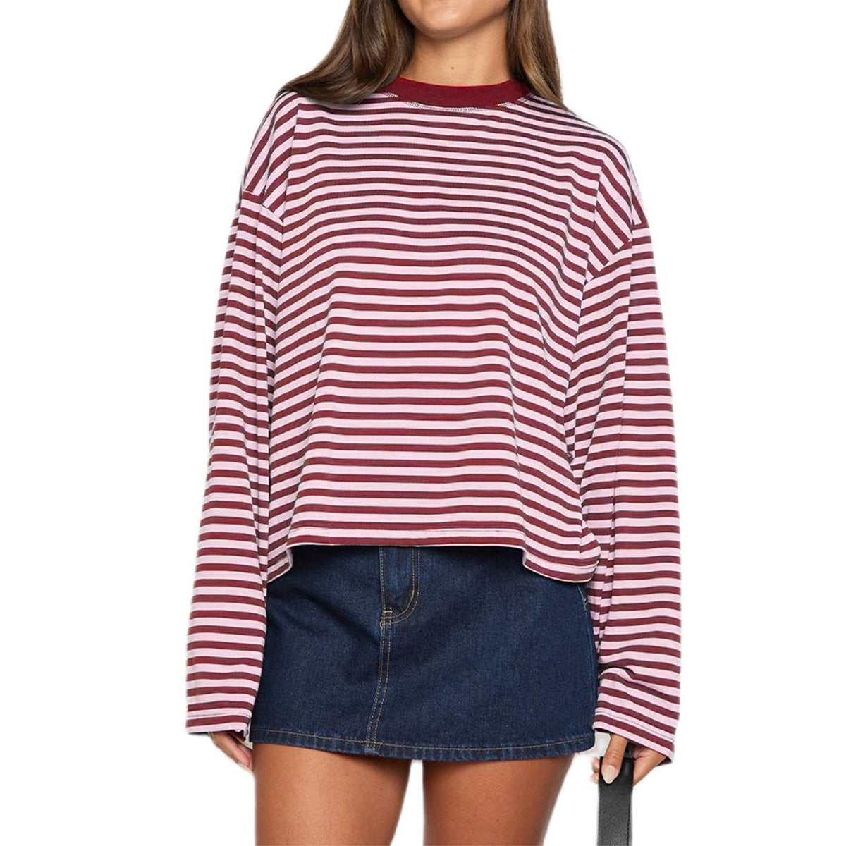 Boxy Striped Long Sleeve Drop Shoulder Tee - RedPink
