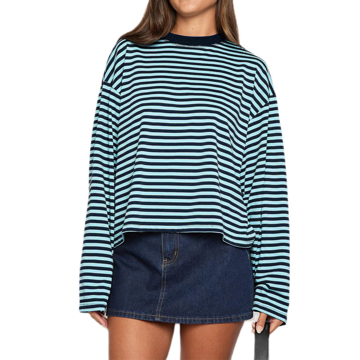 Boxy Striped Long Sleeve Drop Shoulder Tee - blue