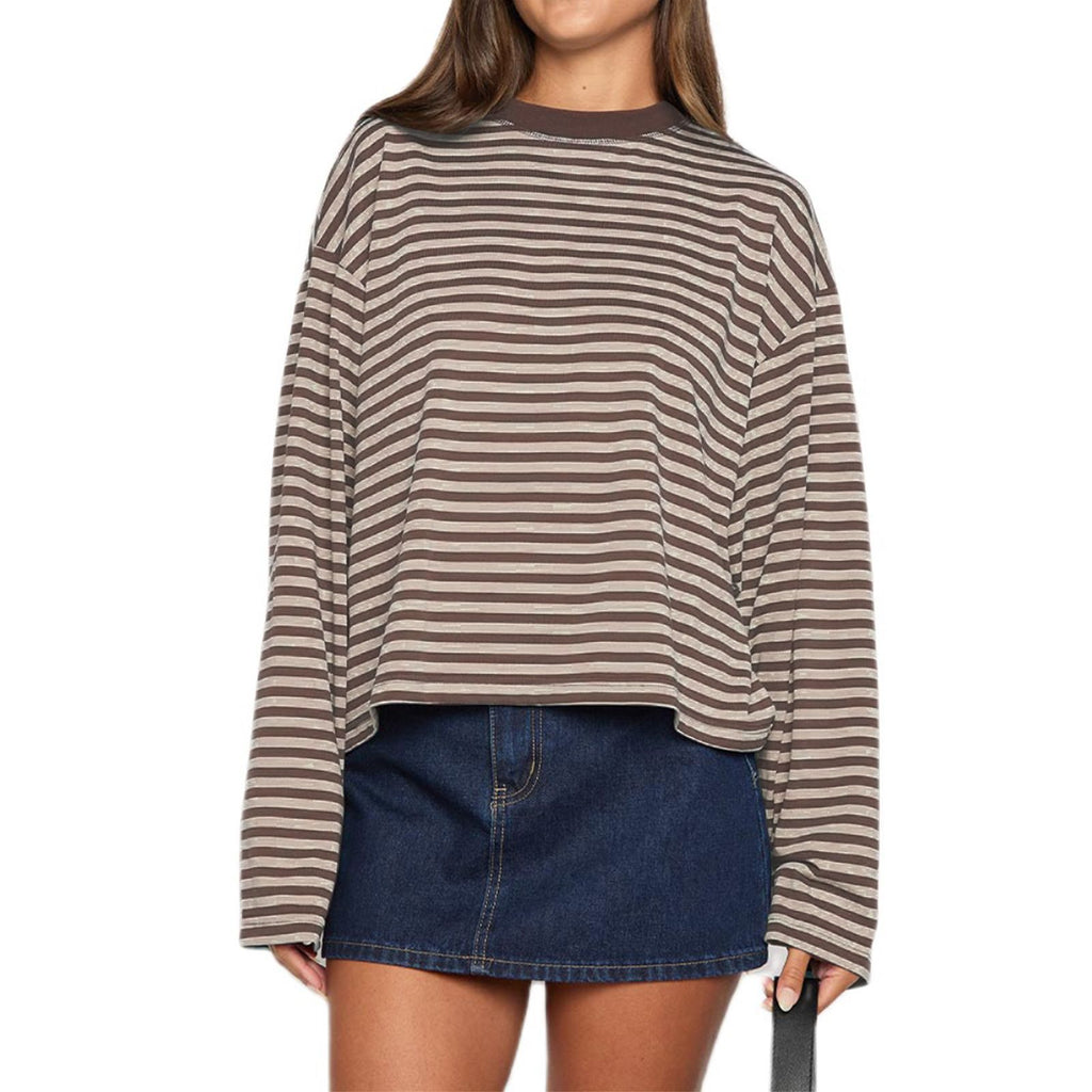 Boxy Striped Long Sleeve Drop Shoulder Tee - brown